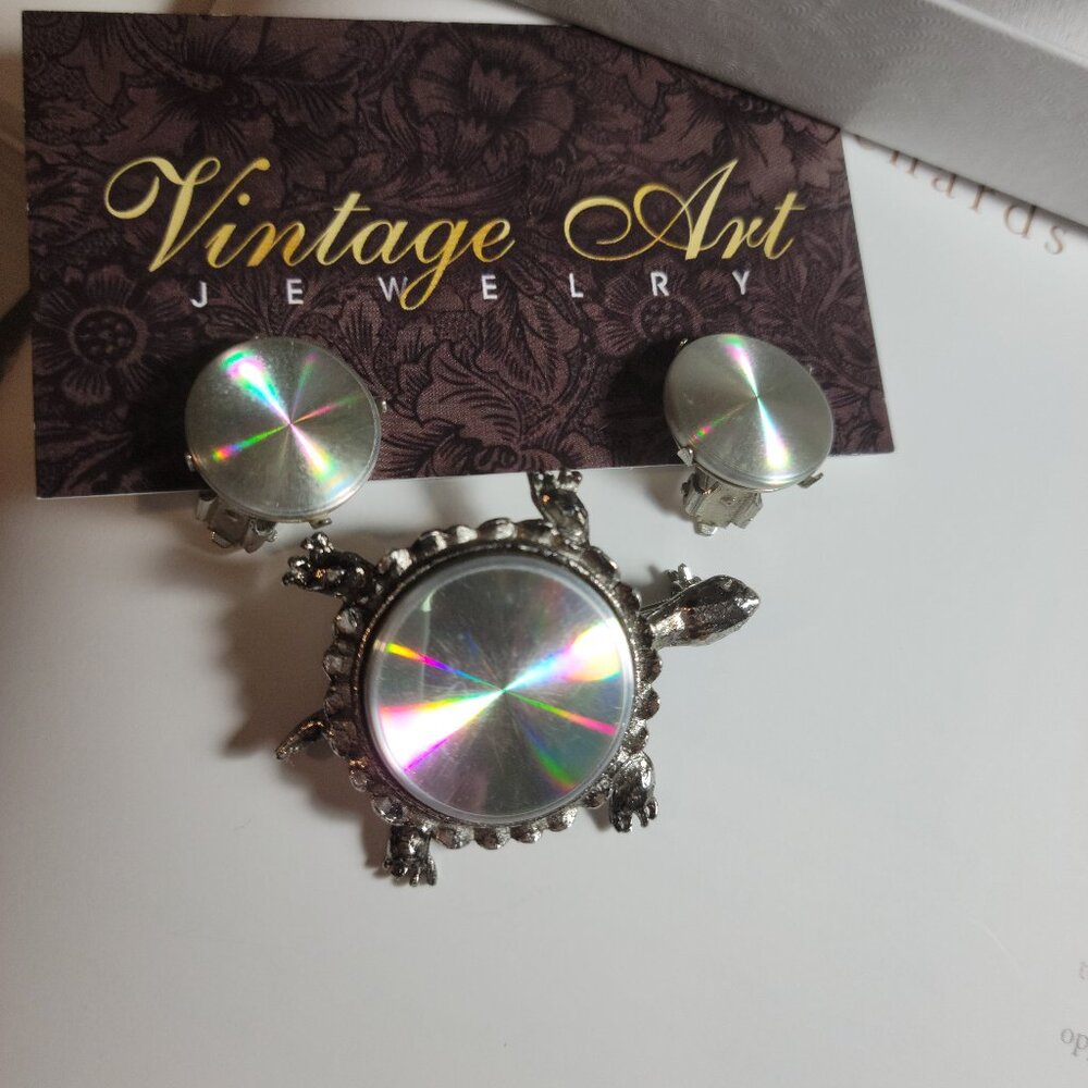 Antique High collectable Turtle Brooch & Earrings Clip  Hologram Design Rhodium